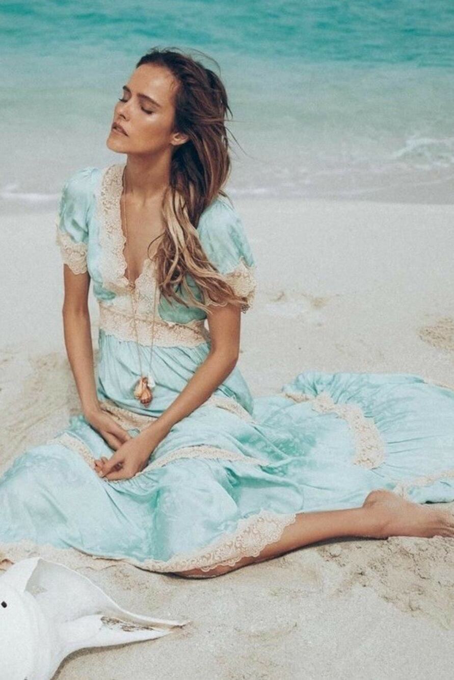 NWT Spell & The Gypsy Ocean Gown Seafoam Lace Maxi Dress Large L HTF
